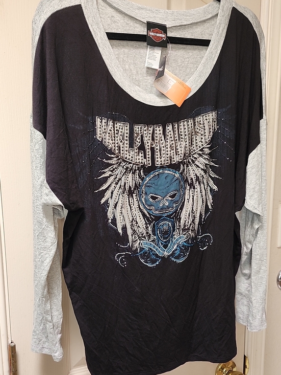Harley-Davidson Tops - Harley-Davidson Black and Gray Long Sleeve Tee with Blue Skull Graphic